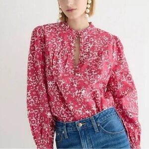 J. Crew 100% Cotton Poplin Puff Sleeve Popover Top Shirt Pink White Floral Small